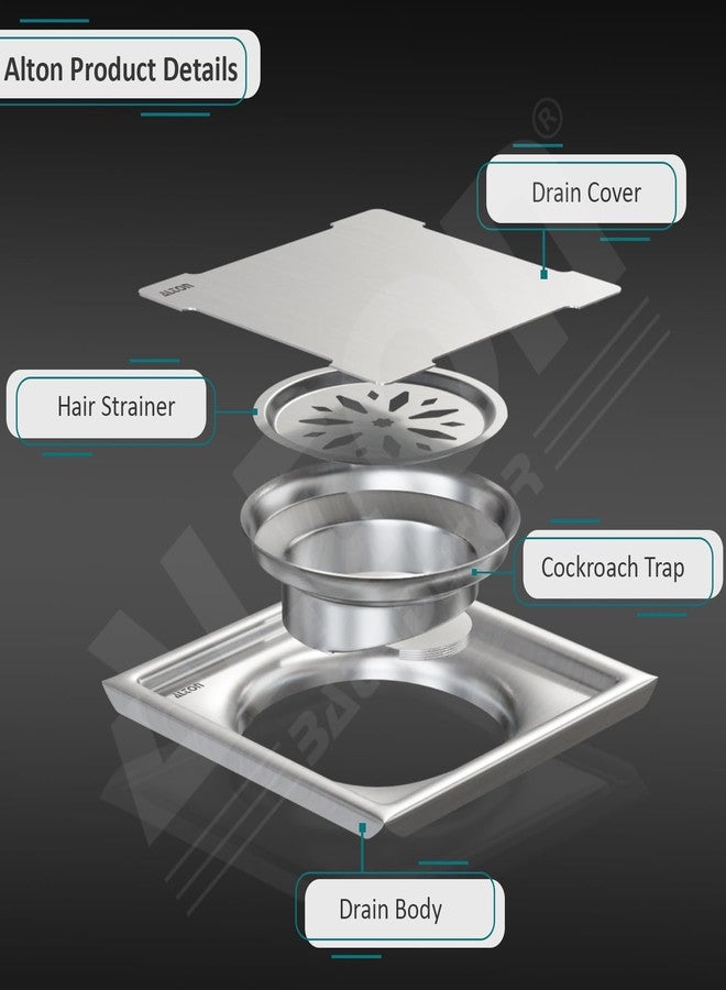 ALTON ALD1005, SS-304 Grade, 5x5 INCH Plain, Bathroom Grating Square Floor Drain Jali with Cockroach Trap, Matte - Image 3